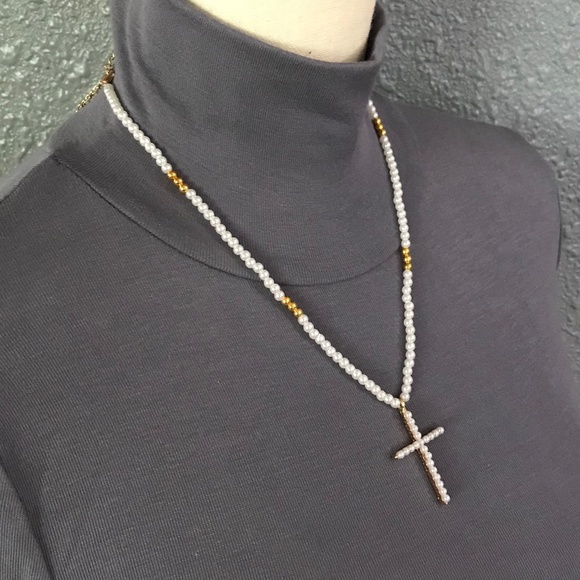 SOLD—Medici Contessina Pearls Gold Renaissance Cross Necklace Handmade Replica - Picture 11 of 16